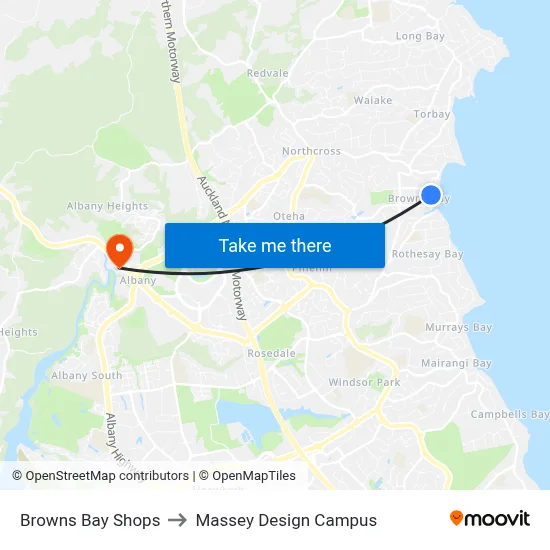 Browns Bay Shops to Massey Design Campus map