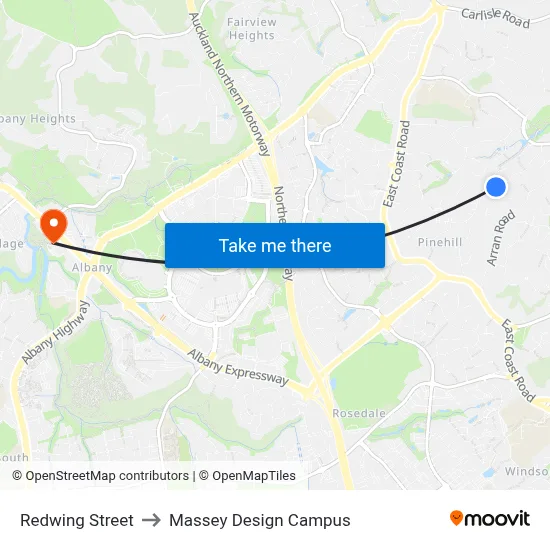 Redwing Street to Massey Design Campus map