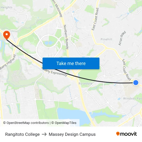 Rangitoto College to Massey Design Campus map