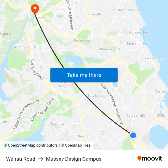 Wairau Road to Massey Design Campus map