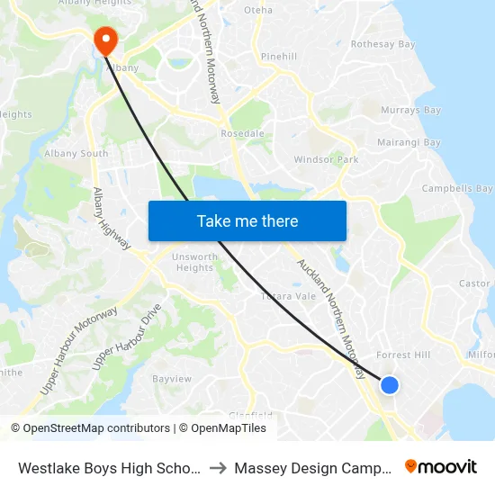 Westlake Boys High School to Massey Design Campus map