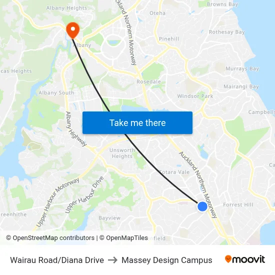 Wairau Road/Diana Drive to Massey Design Campus map