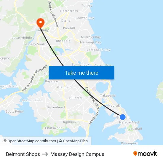 Belmont Shops to Massey Design Campus map