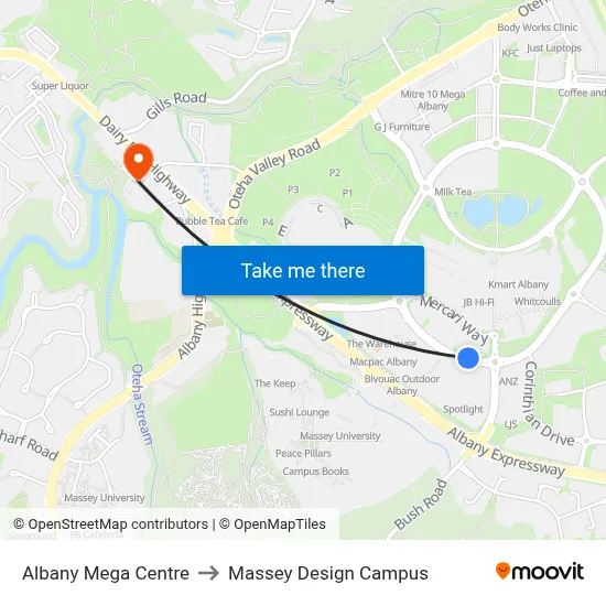 Albany Mega Centre to Massey Design Campus map