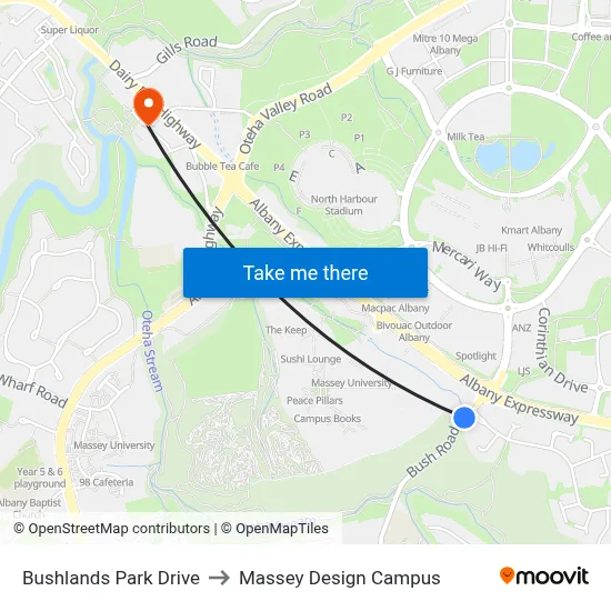 Bushlands Park Drive to Massey Design Campus map
