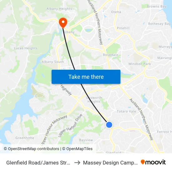 Glenfield Road/James Street to Massey Design Campus map