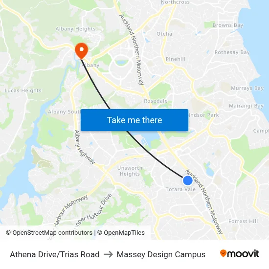Athena Drive/Trias Road to Massey Design Campus map