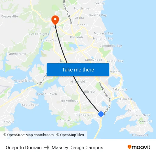 Onepoto Domain to Massey Design Campus map