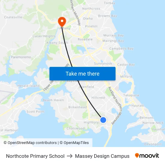 Northcote Primary School to Massey Design Campus map