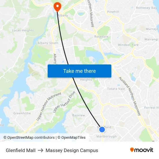 Glenfield Mall to Massey Design Campus map