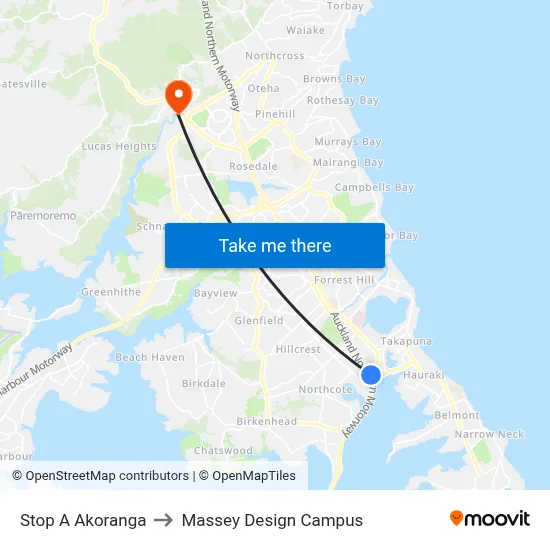 Stop A Akoranga to Massey Design Campus map