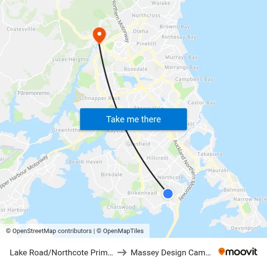 Lake Road/Northcote Primary to Massey Design Campus map