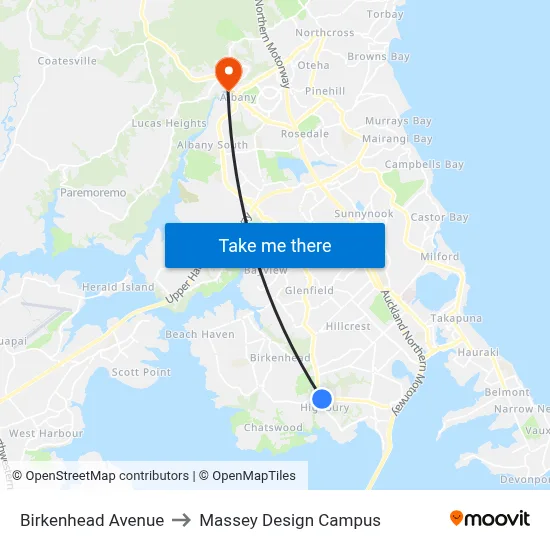 Birkenhead Avenue to Massey Design Campus map
