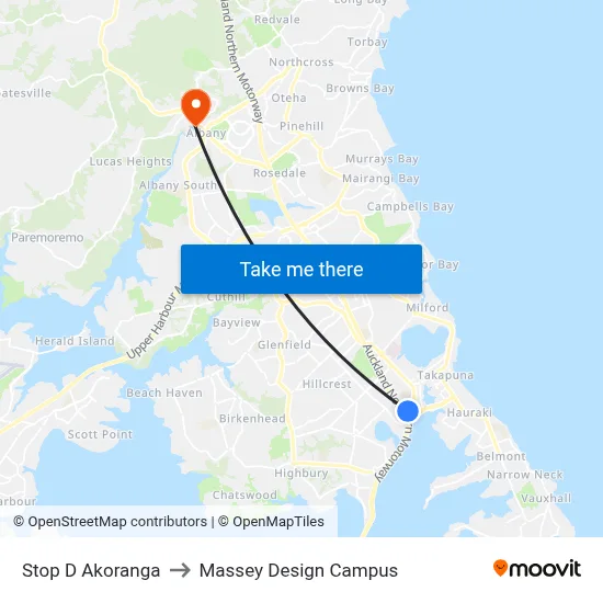 Stop D Akoranga to Massey Design Campus map