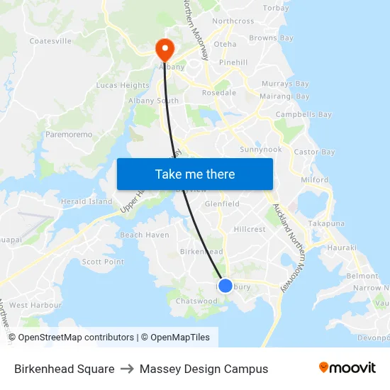Birkenhead Square to Massey Design Campus map