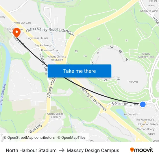 North Harbour Stadium to Massey Design Campus map