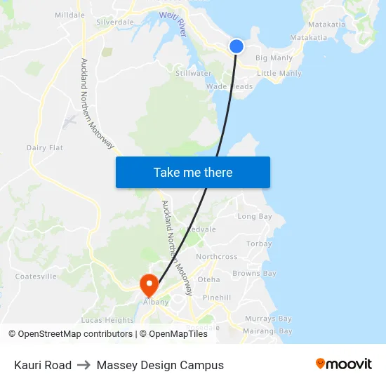 Kauri Road to Massey Design Campus map