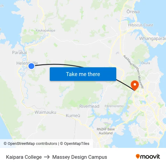 Kaipara College to Massey Design Campus map