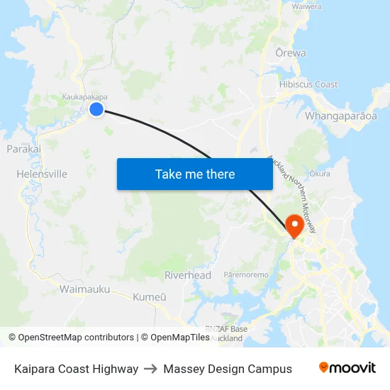 Kaipara Coast Highway to Massey Design Campus map