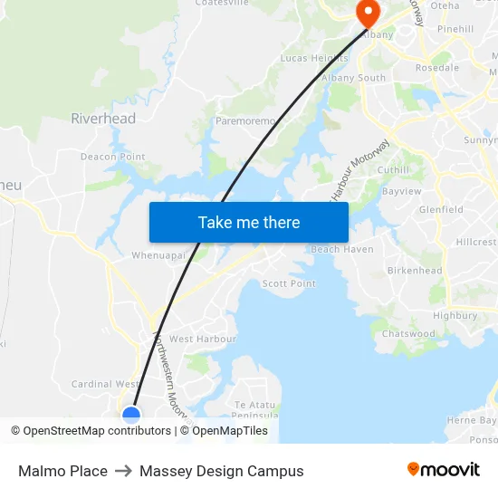 Malmo Place to Massey Design Campus map