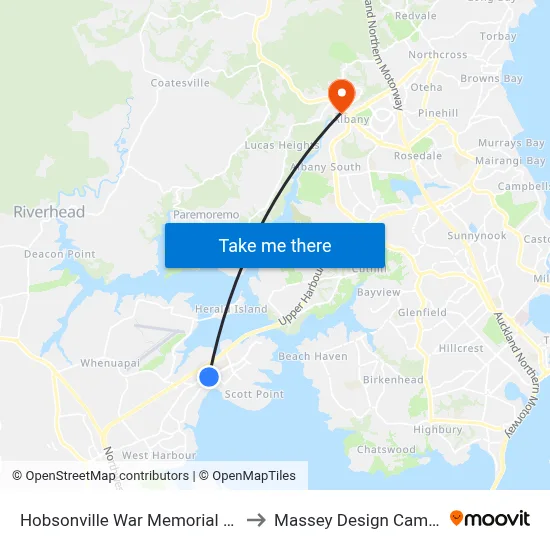 Hobsonville War Memorial Park to Massey Design Campus map