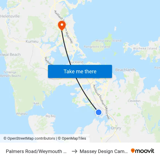 Palmers Road/Weymouth Road to Massey Design Campus map