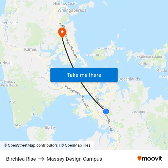 Birchlea Rise to Massey Design Campus map