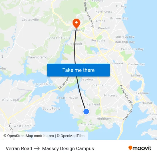 Verran Road to Massey Design Campus map