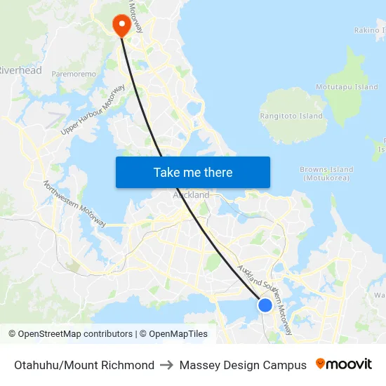 Otahuhu/Mount Richmond to Massey Design Campus map