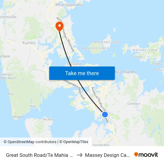 Great South Road/Te Mahia Station to Massey Design Campus map