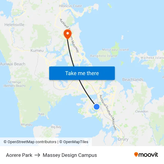 Aorere Park to Massey Design Campus map