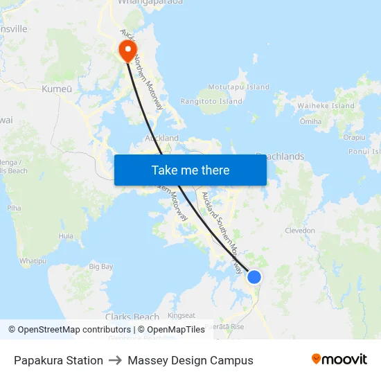 Papakura Station to Massey Design Campus map