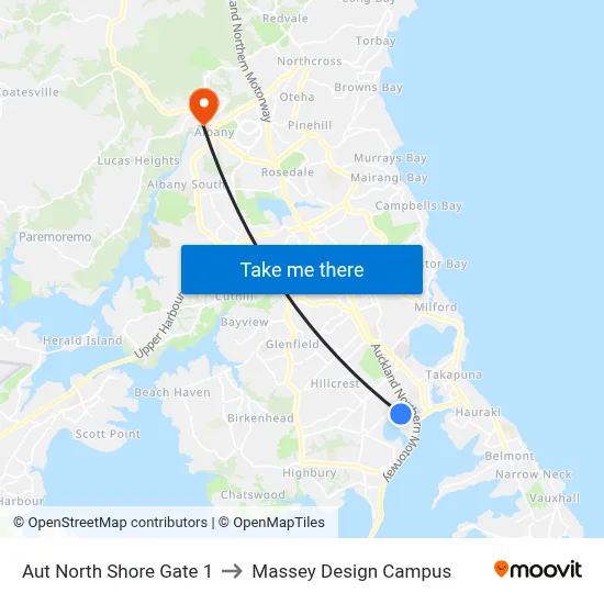 Aut North Shore Gate 1 to Massey Design Campus map