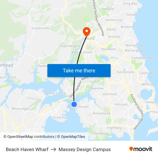 Beach Haven Wharf to Massey Design Campus map