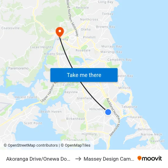 Akoranga Drive/Onewa Domain to Massey Design Campus map