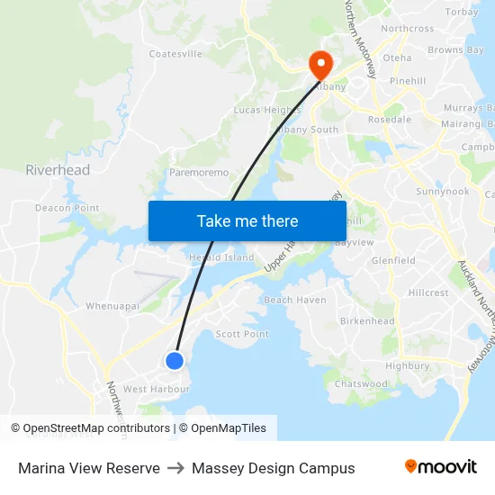 Marina View Reserve to Massey Design Campus map