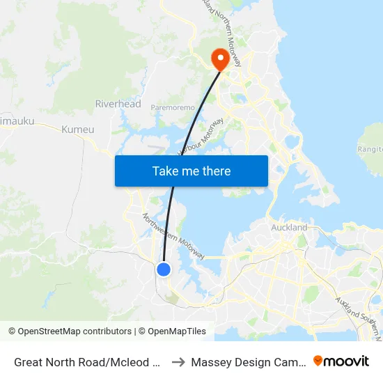 Great North Road/Mcleod Road to Massey Design Campus map