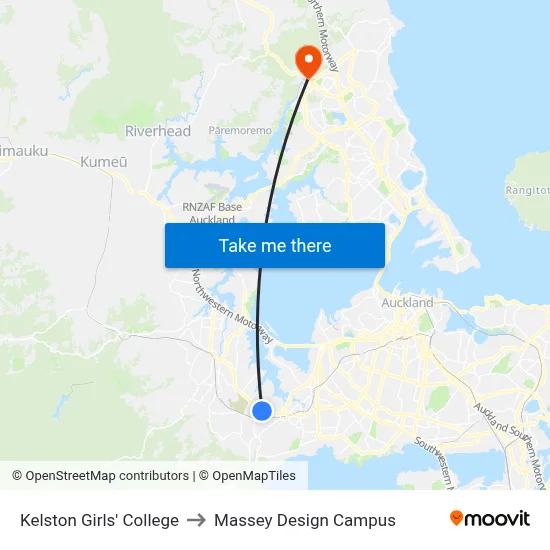 Kelston Girls' College to Massey Design Campus map