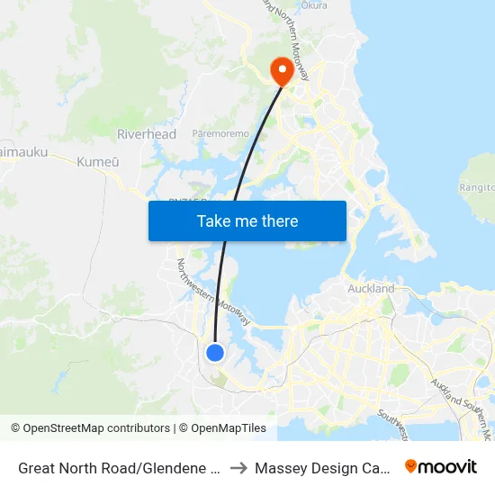 Great North Road/Glendene Shops to Massey Design Campus map