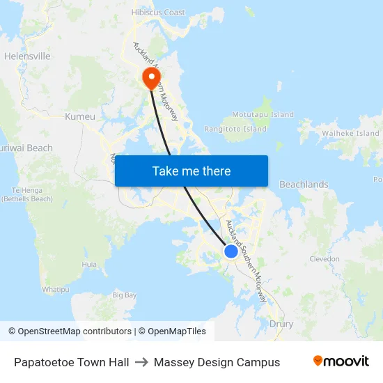Papatoetoe Town Hall to Massey Design Campus map