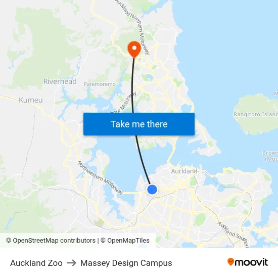 Auckland Zoo to Massey Design Campus map