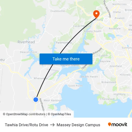 Tawhia Drive/Rotu Drive to Massey Design Campus map