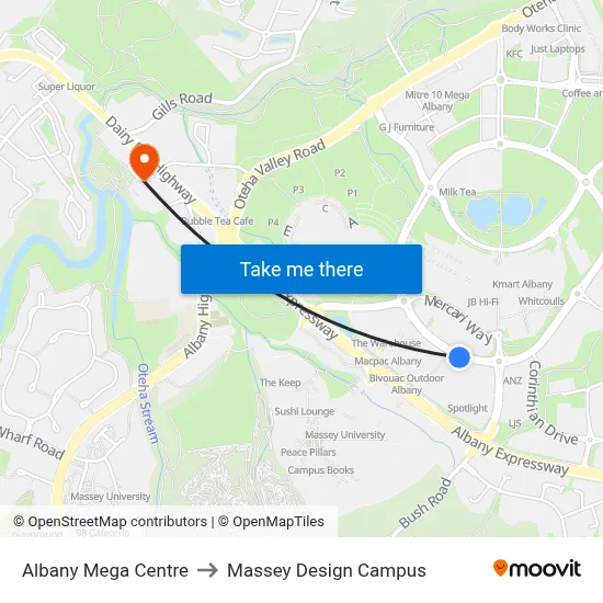 Albany Mega Centre to Massey Design Campus map