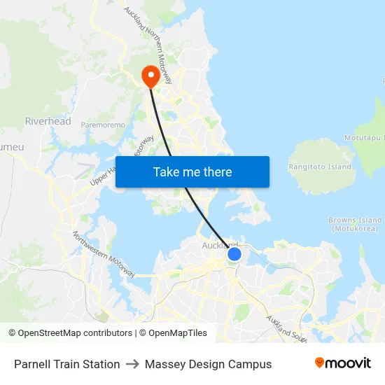 Parnell Train Station to Massey Design Campus map