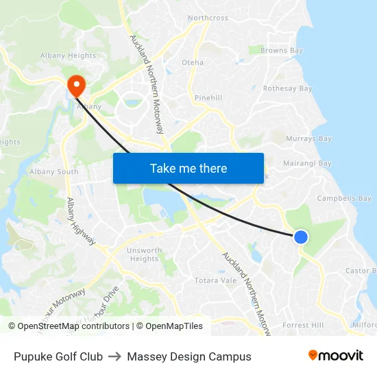 Pupuke Golf Club to Massey Design Campus map