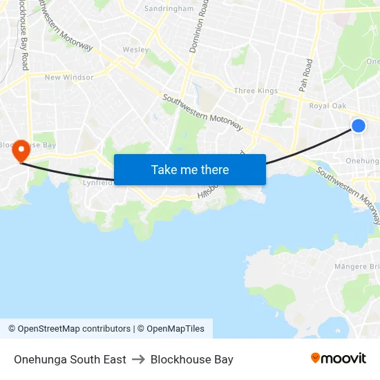 Onehunga South East to Blockhouse Bay map