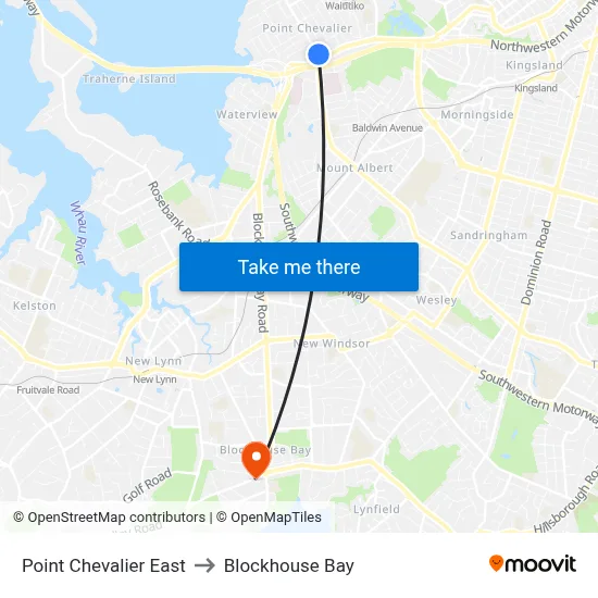 Point Chevalier East to Blockhouse Bay map
