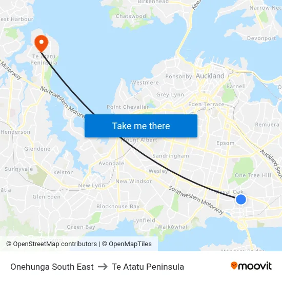 Onehunga South East to Te Atatu Peninsula map