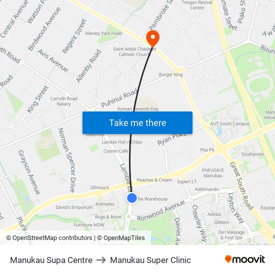 Manukau Supa Centre to Manukau Super Clinic map