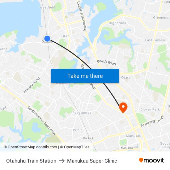 Otahuhu Train Station to Manukau Super Clinic map